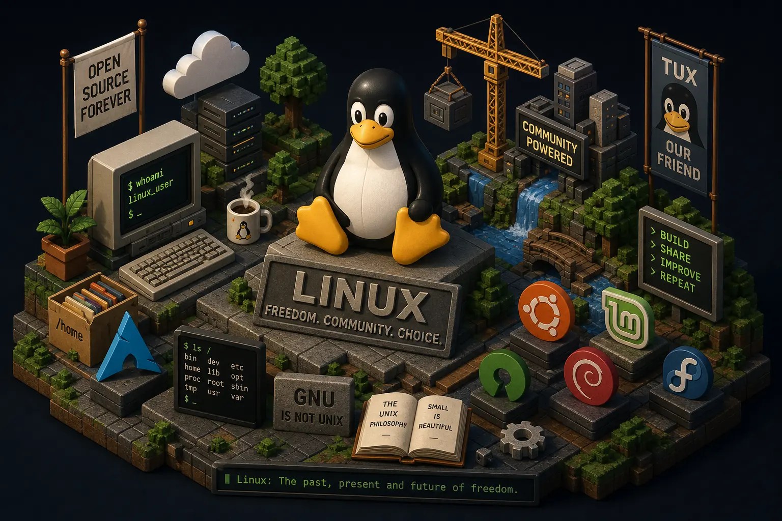 Linux tribute illustration with servers, terminal, cloud, and open-source infrastructure.