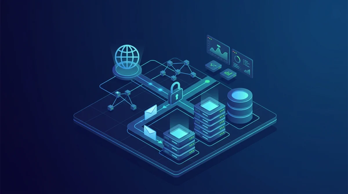 Servers, hosting, email, and DNS infrastructure illustration for small business technology systems