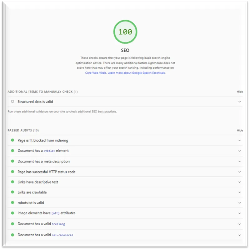 SEO audit example highlighting structured on-page and technical SEO foundations for a Canadian small business website