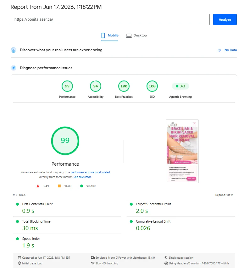 PageSpeed improvement example showing strong mobile performance scores for a custom-coded small business website